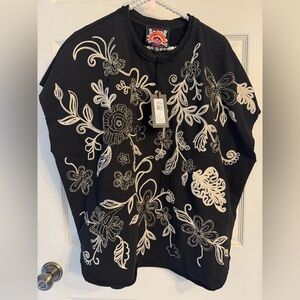 NWTJohnny Was Black Sweater with White Floral Embroidery